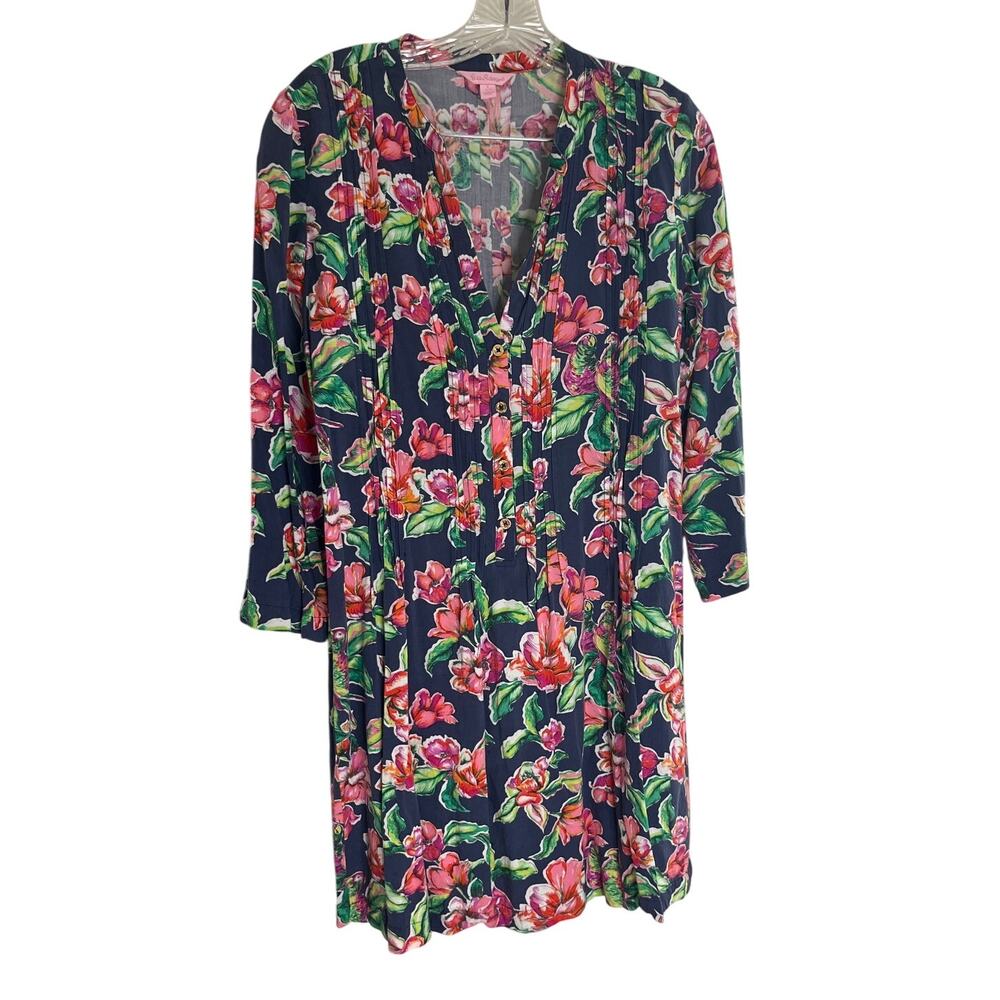 Lilly Pulitzer Sarasota Pintucked Tunic Dress Shift Navy Bold Flowers Size S